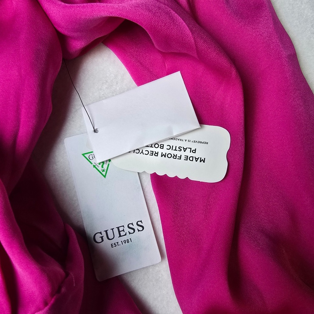 GUESS NWT Hope Dress Shocking Pink Satin Logo Print Belted Ruffle Shirt Dress M - Picture 7 of 14